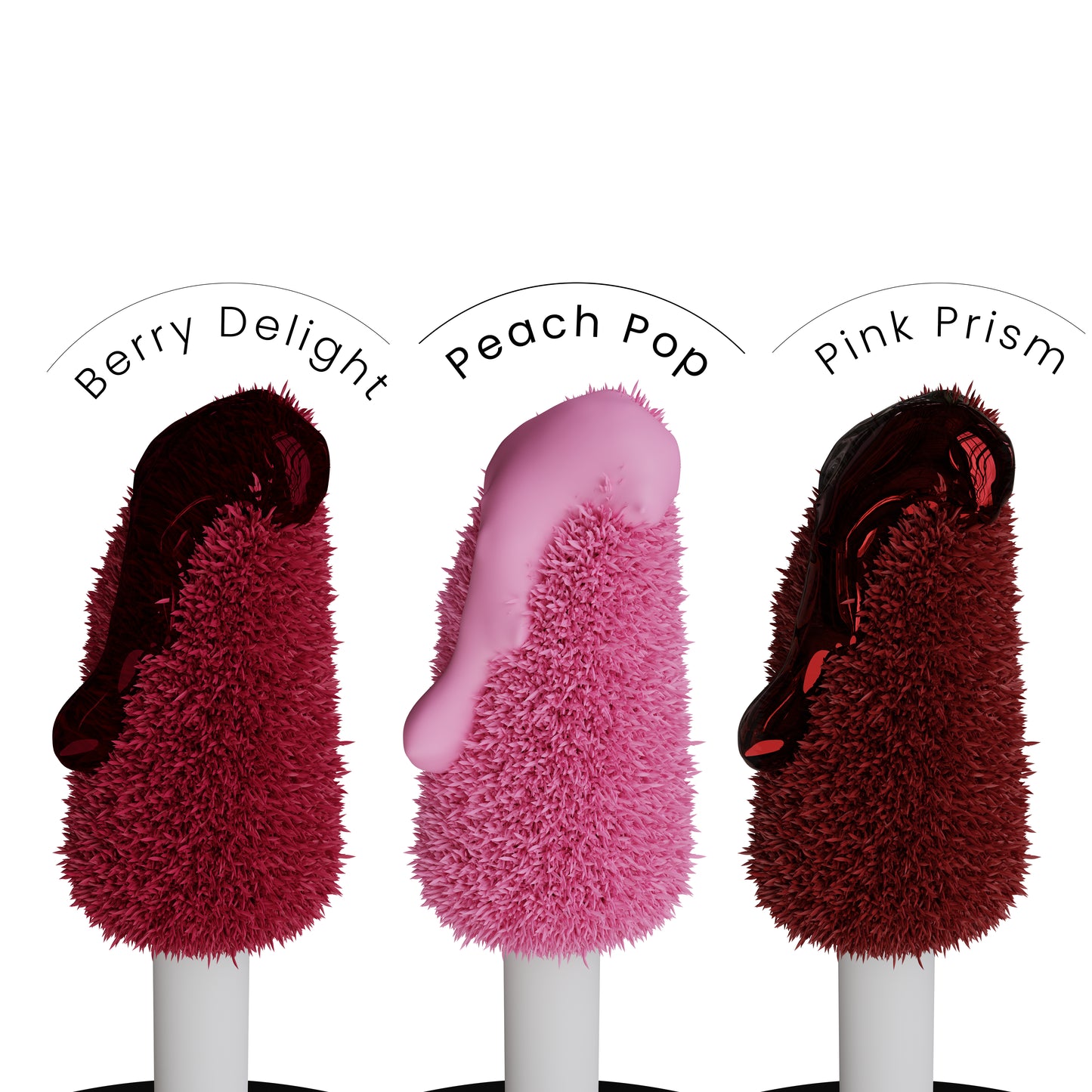 Three fluffy toy handles labeled 'Berry Delight', 'Peach Pop', and 'Pink Prism' on a white background.