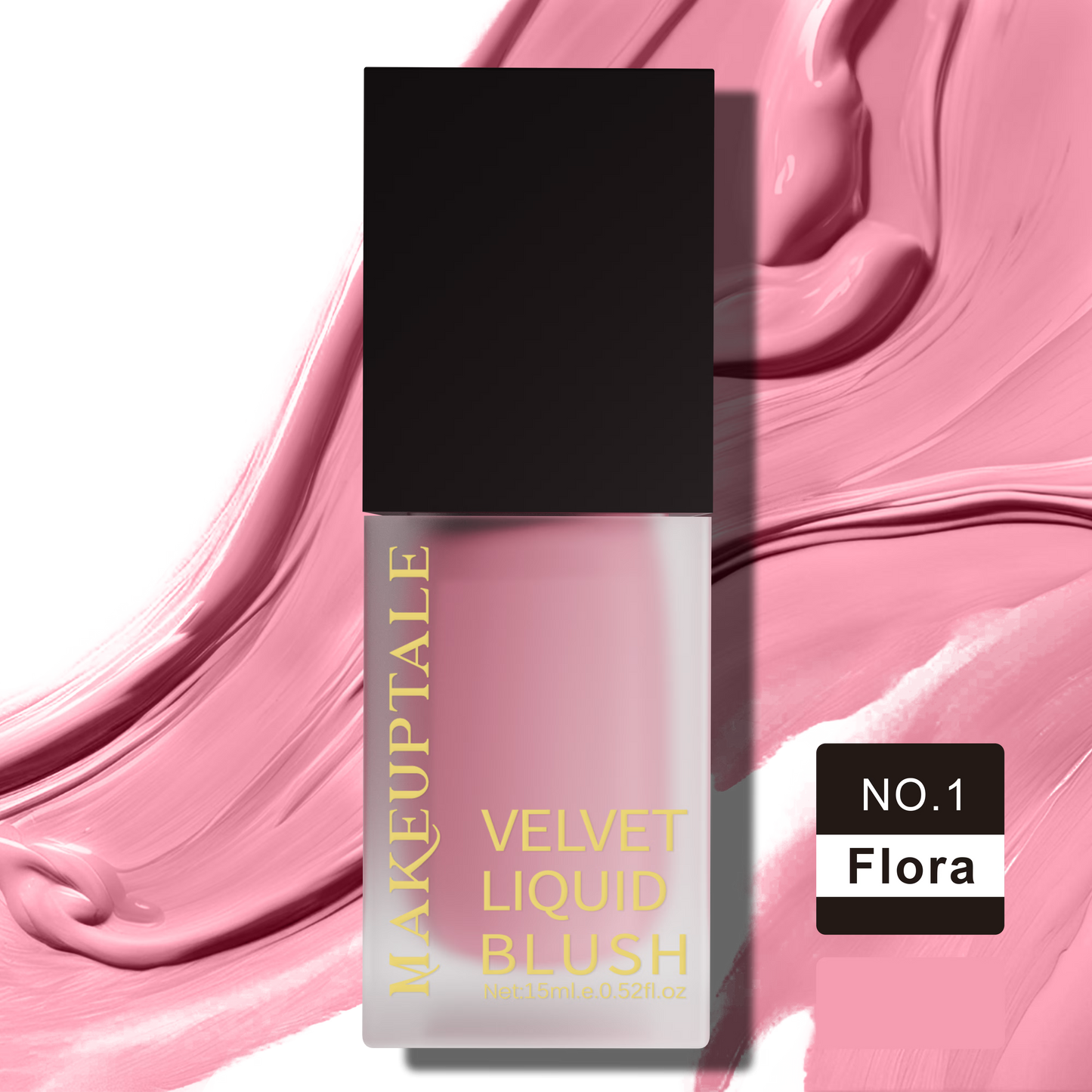MAKEUPTEAL Velvet Liquid Blush with black cap on pink swatch background