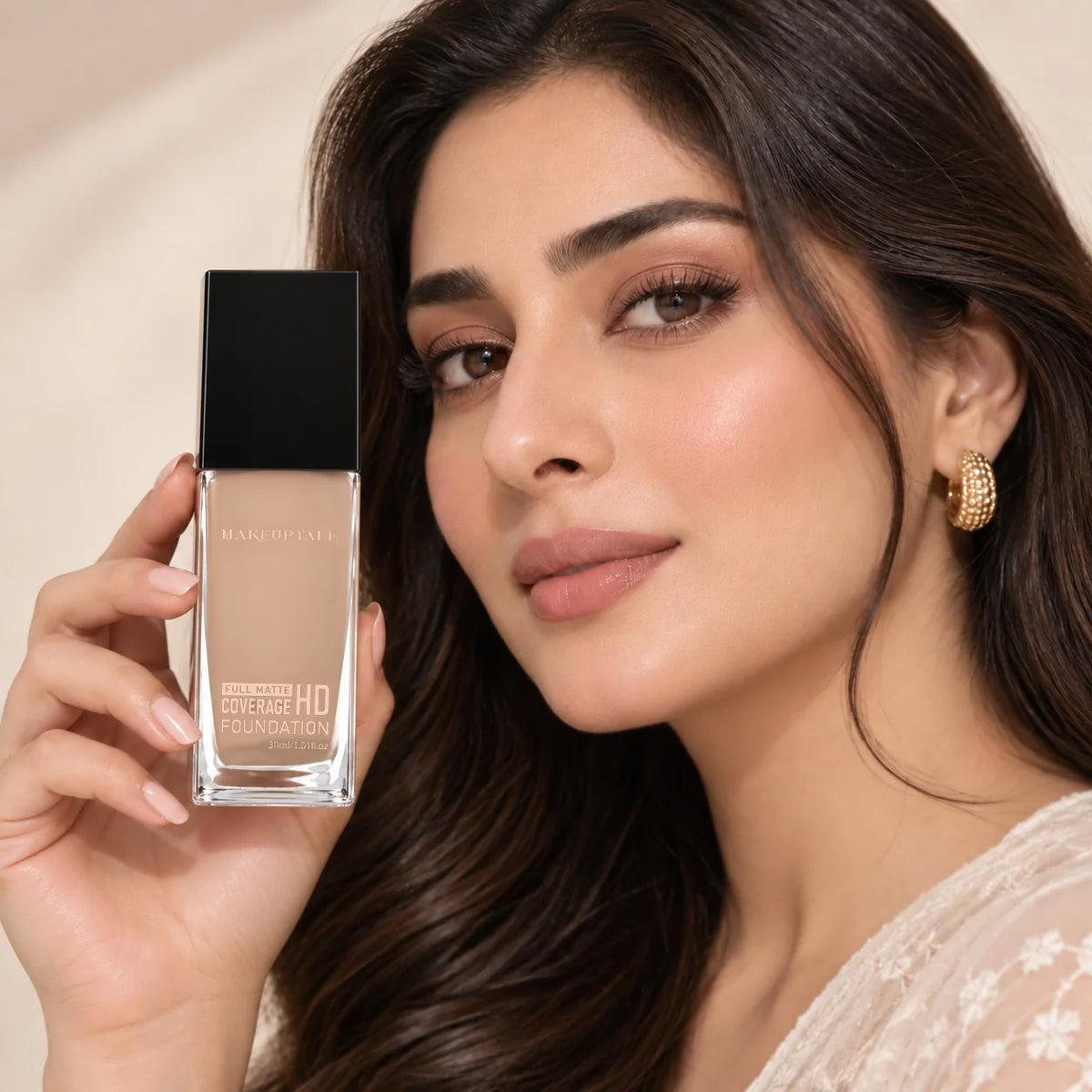 Woman holding a foundation bottle with text 'Natural Skin But Better' on a white background
