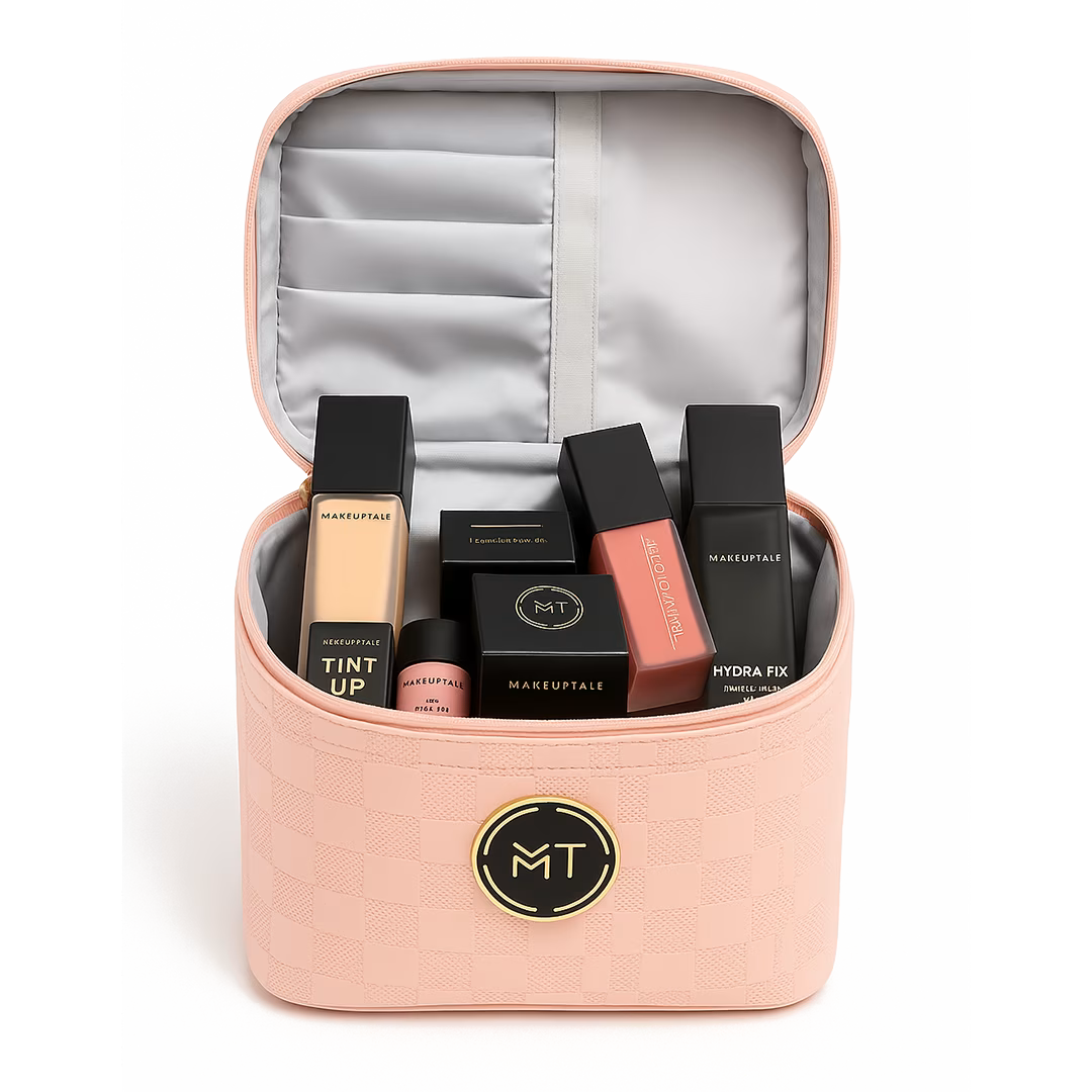 Makeup case with cosmetic products and MT logo on a white background free Gift makeup bag from makeuptale