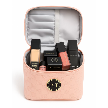 Makeup case with cosmetic products and MT logo on a white background free Gift makeup bag from makeuptale