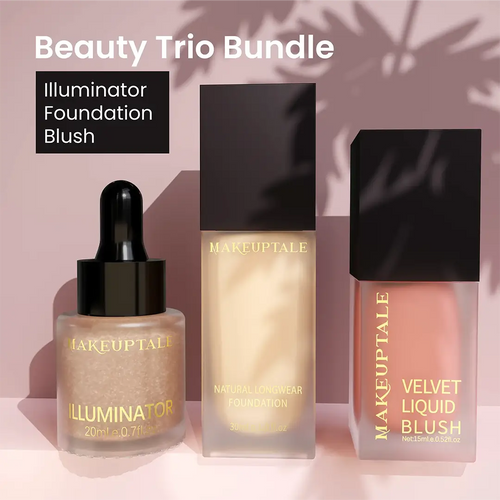 MAKEUPTALE beauty trio bundle including illuminator, foundation, and blush on a pink background