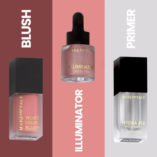 Makeup products including a blush, illuminator, and primer with 'MAKEUPTALE' branding on a color-blocked background.