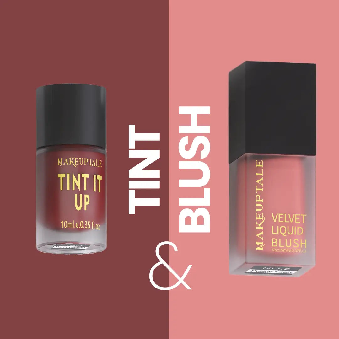 MAKEUPTATEL tint and blush products on a two-tone background