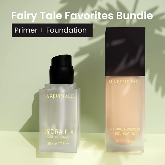 MAKEUPTATEL primer and foundation bottles on a light green background with 'Fairy Tale Favorites Bundle' text.