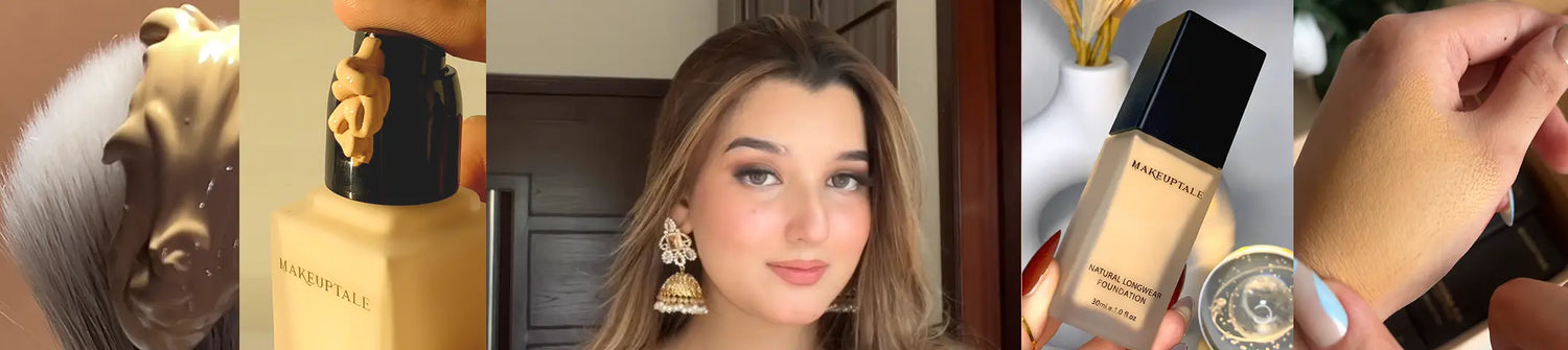 Collage of a woman with makeup products around her