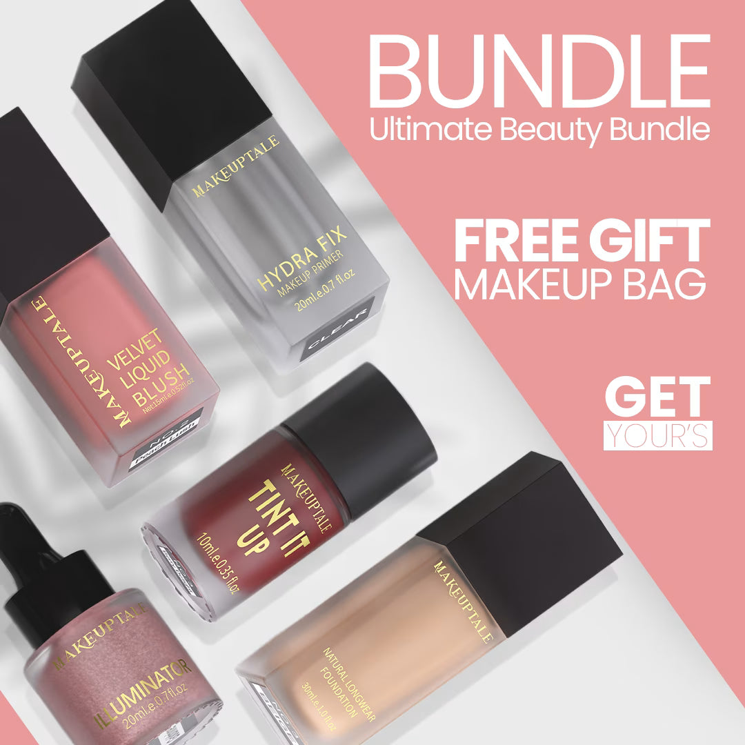 Makeup products with promotional text for a bundle offer on a white and pink background