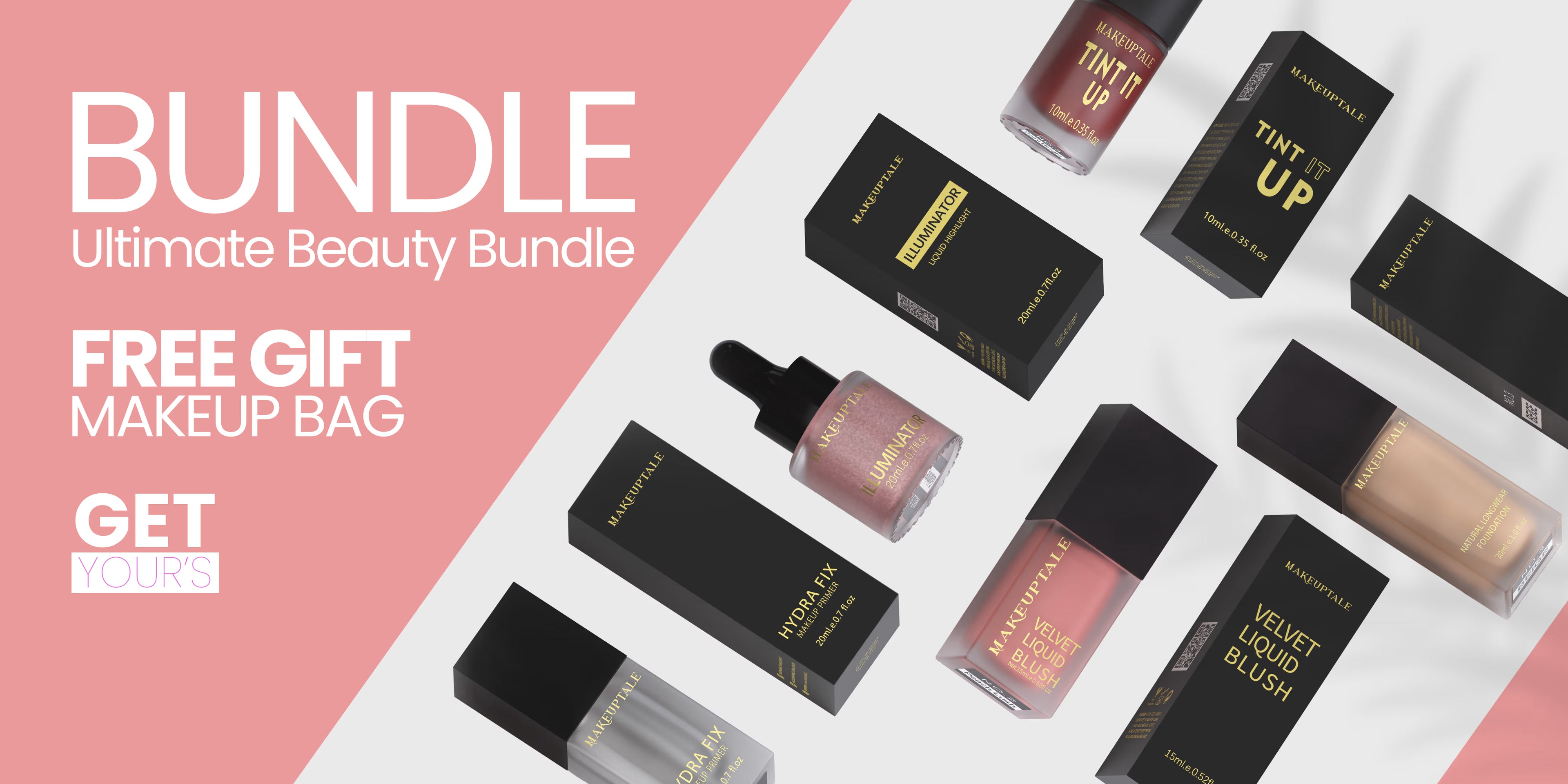 Makeup products including lipsticks, nail polishes, and a bottle on a white background with pink gradient.