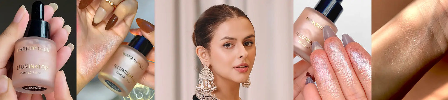 Collage of a woman with jewelry, a bottle of skincare product, and close-ups of hands and skin.