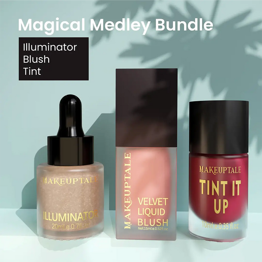 MAKEUPTALE cosmetic bundle including illuminator, blush, and tint on a light blue background