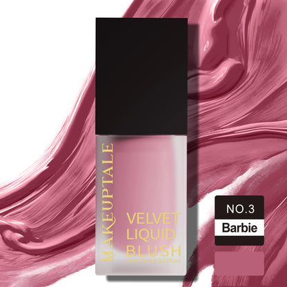 velvet Liquid Blush No.3 Barbie_Blush by Makeuptale: A Barbie-colored liquid blush in a sleek black bottle.