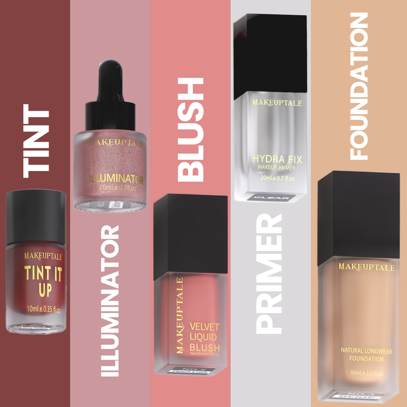 Makeup products including tint, illuminator, blush, primer, and foundation with labels on a multicolored background.