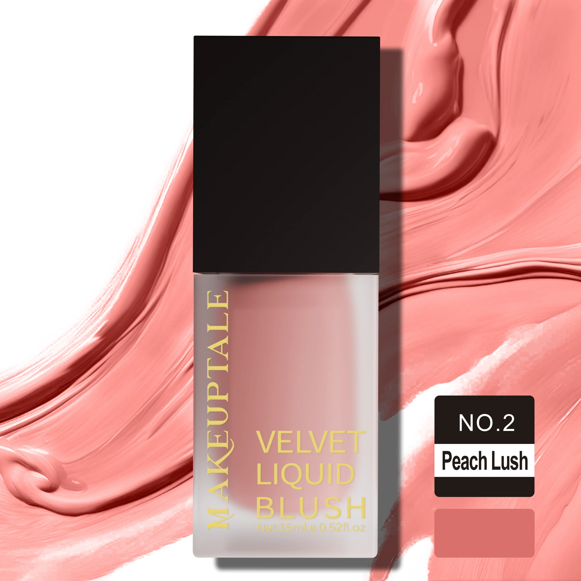 elvet Liquid Blush No. 2 Peach Lush by Makeuptale: A peach-colored liquid blush in a sleek black bottle.