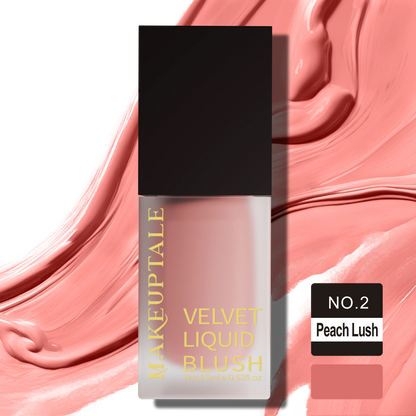 elvet Liquid Blush No. 2 Peach Lush by Makeuptale: A peach-colored liquid blush in a sleek black bottle.
